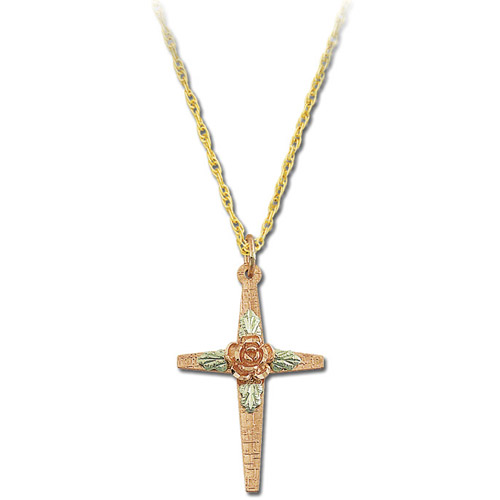 Landstrom's Black Hills Gold rose gold cross with rose necklace