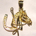 gold horse head with crop and horseshoe pendant
