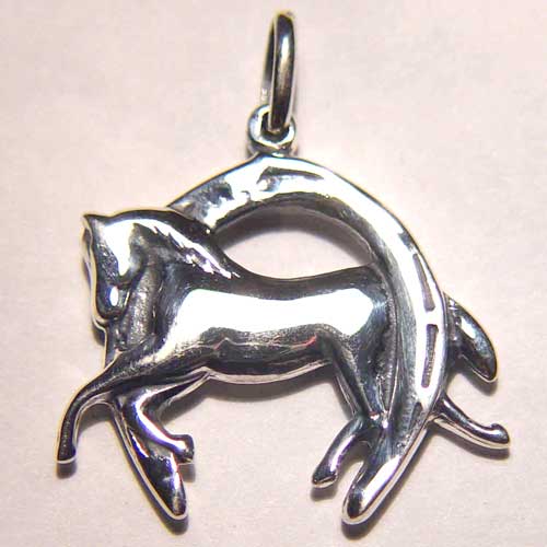 Sterling Silver 3 D galloping horse inside horseshoe charm/pendant