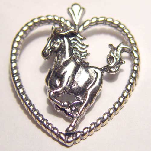 Sterling Silver galloping horse inside rope heart pendant