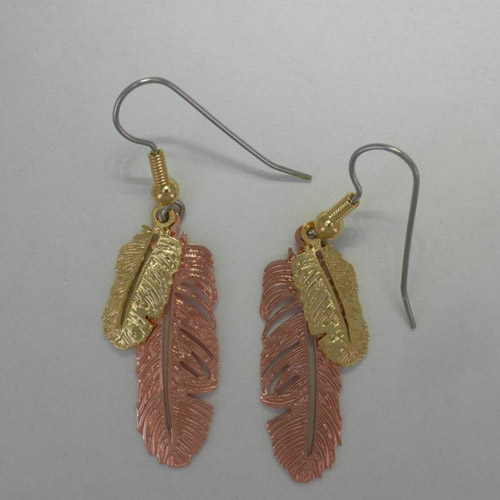 Copper double feather dangle earrings