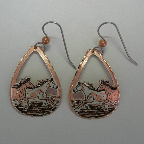 Copper two galloping horses dangle earrings