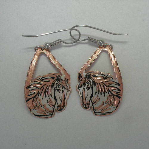 Copper big horse head dangle earrings