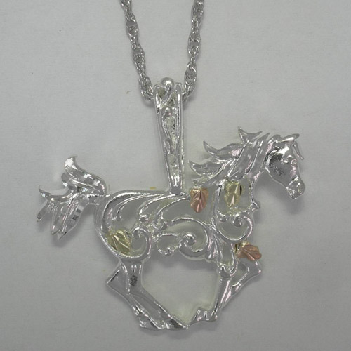 Landstroms Black Hills Gold Sterling Silver filigree horse necklace