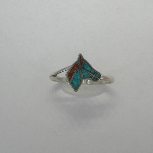 Sterling Silver Turquoise and Coral Horse Head ring
