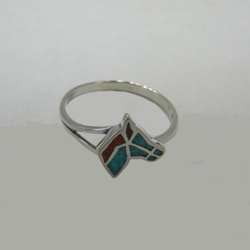 Side view of Turquoise and Coral horse head ring