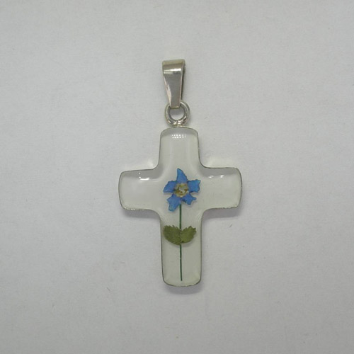 Sterling SIlver white cross with Blue Bonnet flower pendant