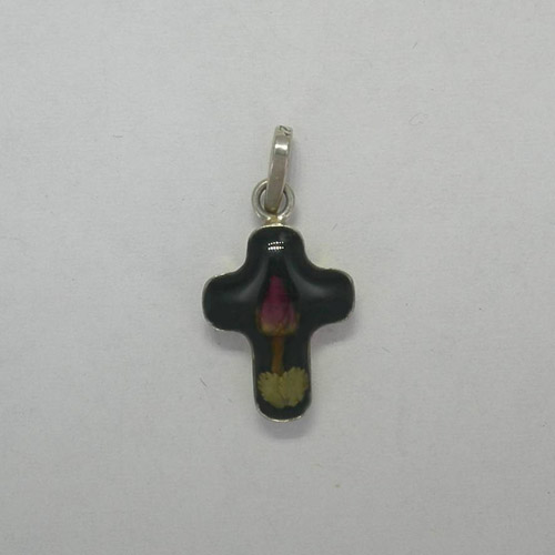 Sterling Silver small black cross with rose pendant