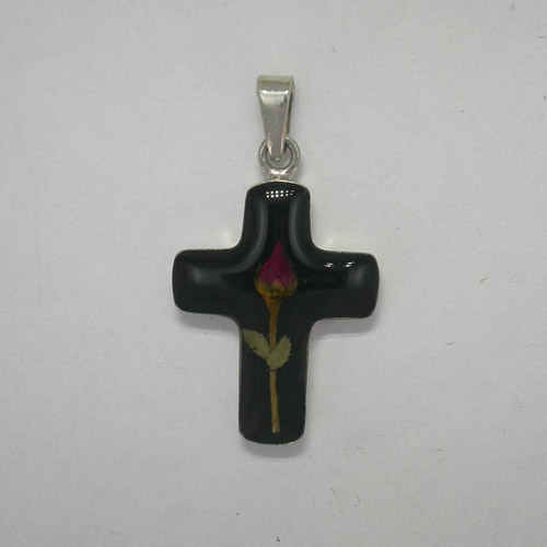 Sterling Silver medium small black cross with rose pendant