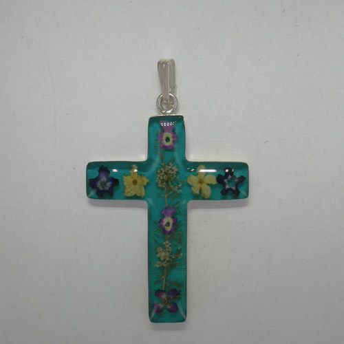 Sterling Silver large teal cross with wildflowers pendant