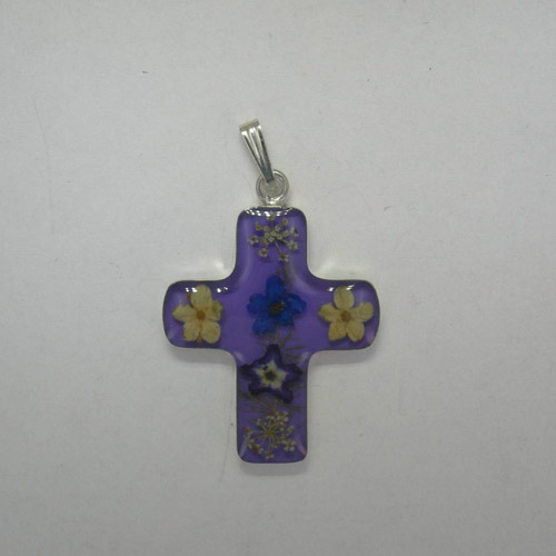 Sterling Silver medium small purple cross with wildflowers pendant