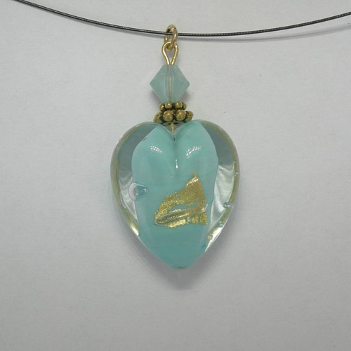 Venetian Glass Clear and Blue Pacific Opal heart on nylon cord necklace