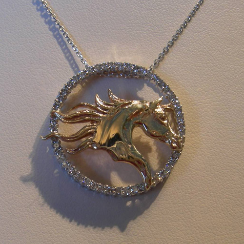 14 karat white and yellow gold diamond horse head necklace