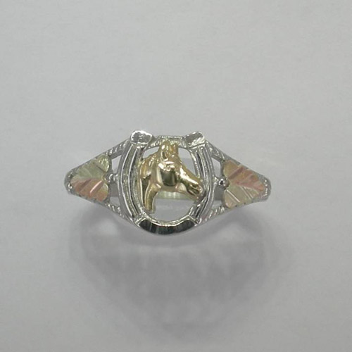 Black Hills Gold Sterling Silver horse head in horseshoe ring
