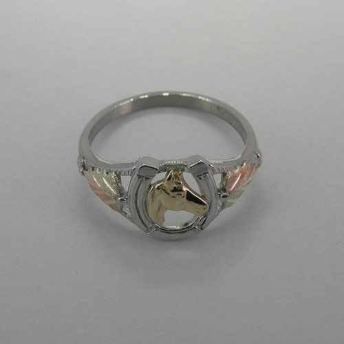 Top view of Black Hills Gold Sterling Silver horse head in horseshoe ring