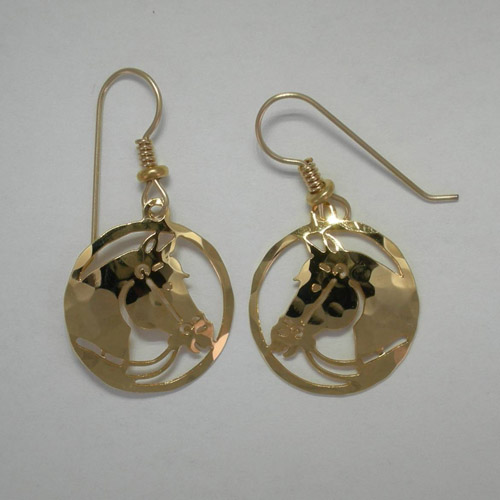14 karat yellow gold plated bridled horse in circle dangle earrings