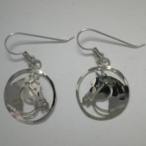 Rhodium plated bridled horse head in circle dangle earrings