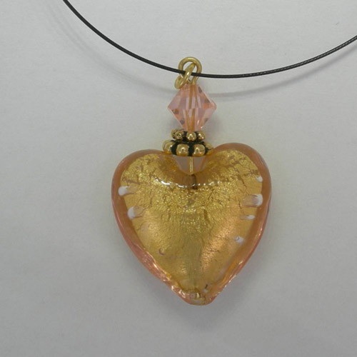 Venetian Glass gold and rose heart with nylon chain necklace