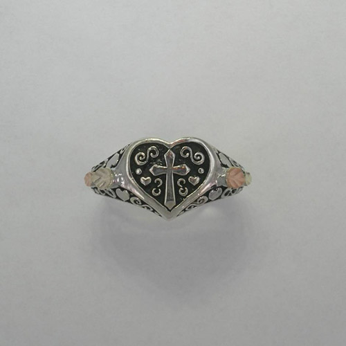 Black Hills Gold Sterling Silver cross in heart ring