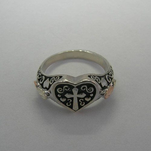 Black Hills Gold Sterling Silver cross in heart ring top view
