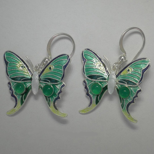 Sterling Silver enamel and Chrysprase butterfly earrings