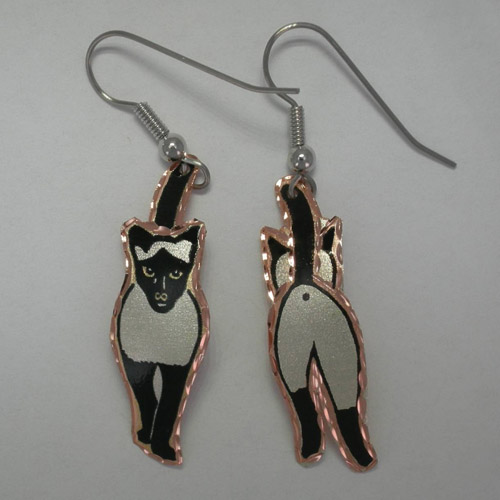 Copper painted Siamese cat walking dangle earrings