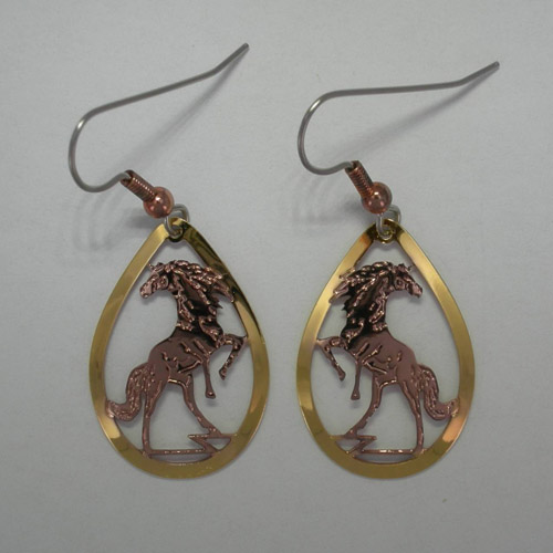 Copper cut out rearing stallion dangle earrings