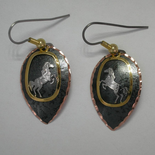 Copper tri-tone rearing horse painted dangle earrings