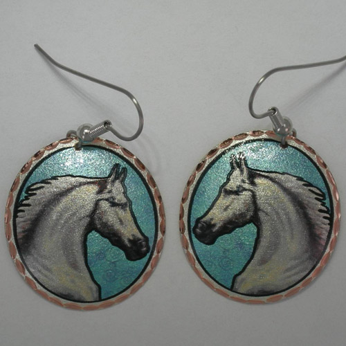 Copper painted white horse circular earrings
