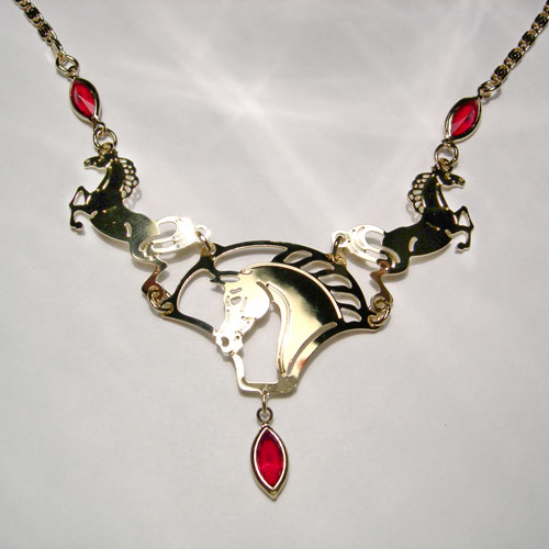 gold plated horse and red crystal necklace