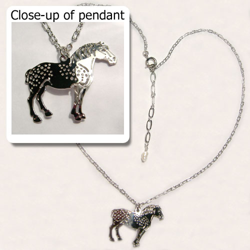 Rhodium plated Percheron Draft horse necklace