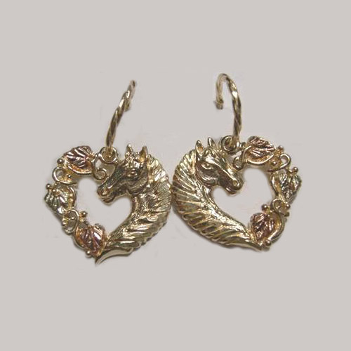 Black Hills Gold horsehead and heart dangle earrings