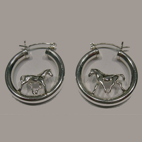 Sterling Silver hoop earrings with a trotting horse inside hoop