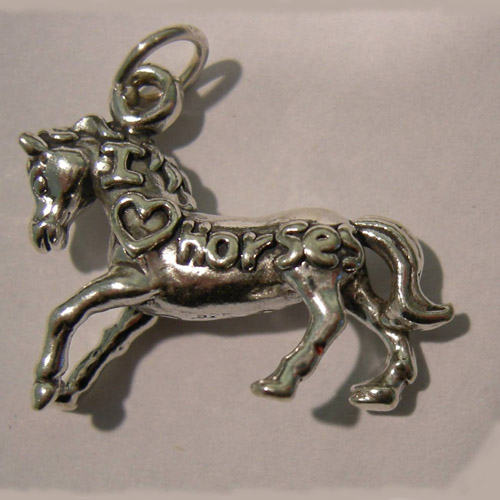 Sterling Silver I love Horses trotting horse charm/pendant