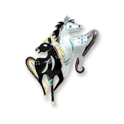 Enamel two prancing horses brooch