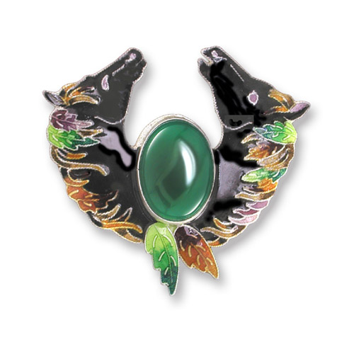 Enamel two horseheads with chrysoprase brooch