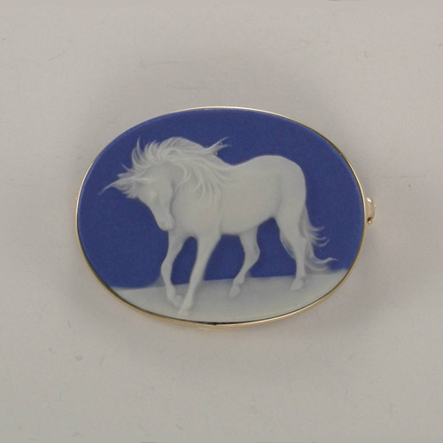 14 karat yellow gold porcelain Andalusian horse brooch