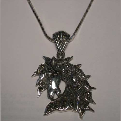 Sterling Silver large marcasite horse head necklace