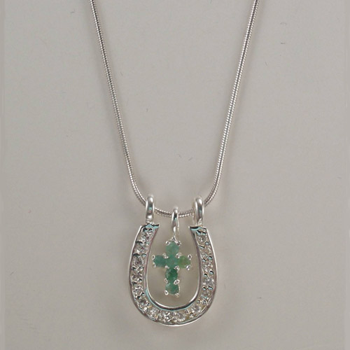 Sterling Silver Emerald and Cubic Zirconia cross and horseshoe necklace