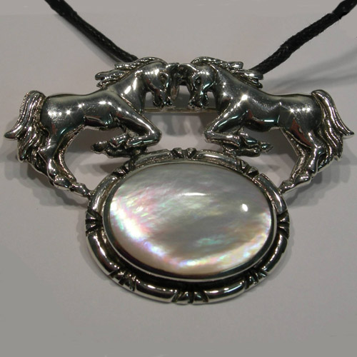 Sterling Silver double horses and Mother of Pearl pin pendant