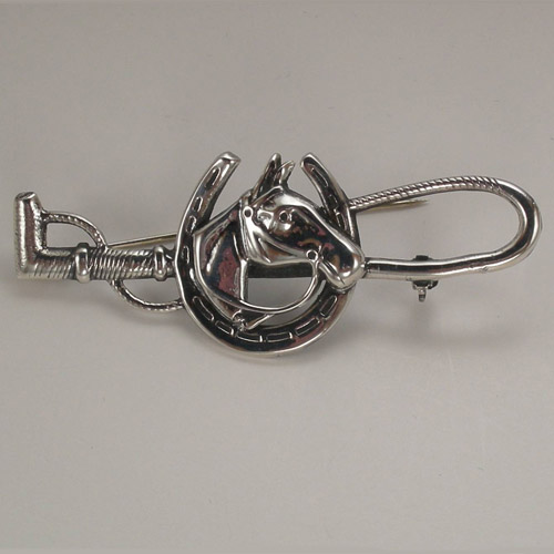 Sterling Silver horse head with horseshoe and crop brooch