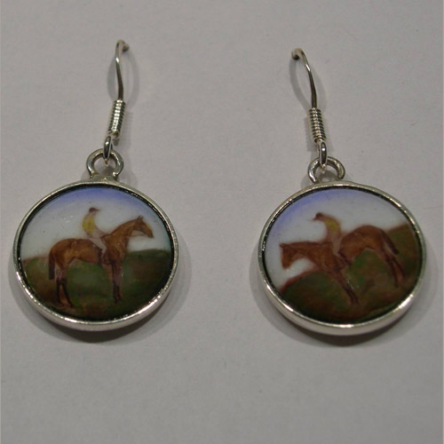 Sterling Silver horse and rider in field enamel earrings