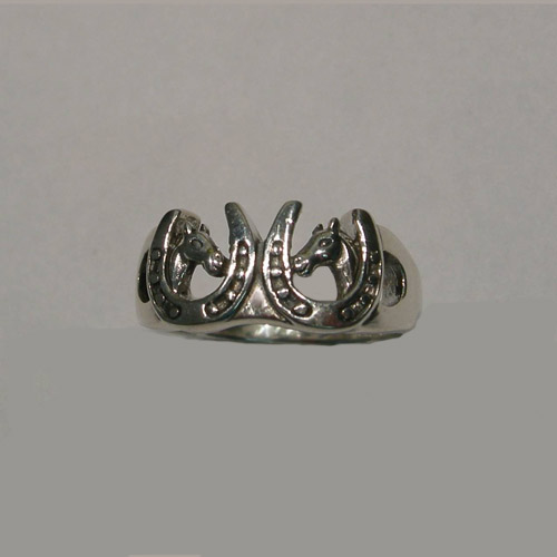 Sterling Silver double horse heads in horseshoes ring
