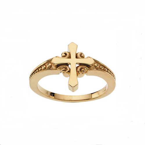 14 karat yellow gold cross and scroll and bead ring