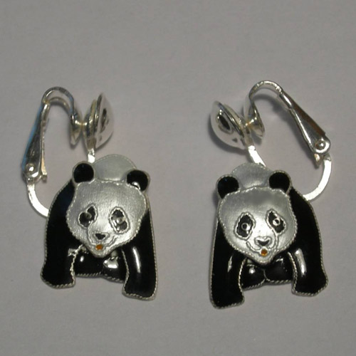 Sterling Silver and enamel Panda clip on earrings
