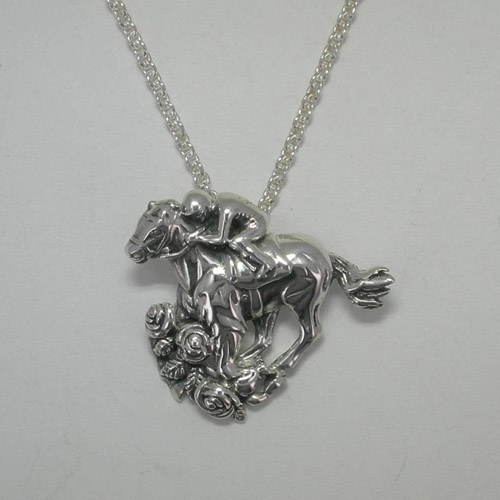 Sterling Silver Run for the Roses Thoroughbred and jockey necklace