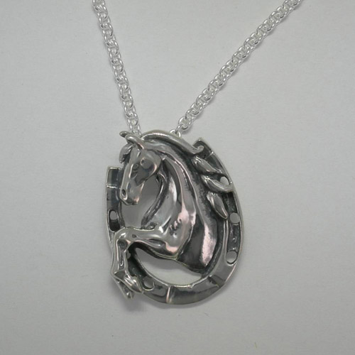Sterling Silver rearing horse inside horseshoe necklace