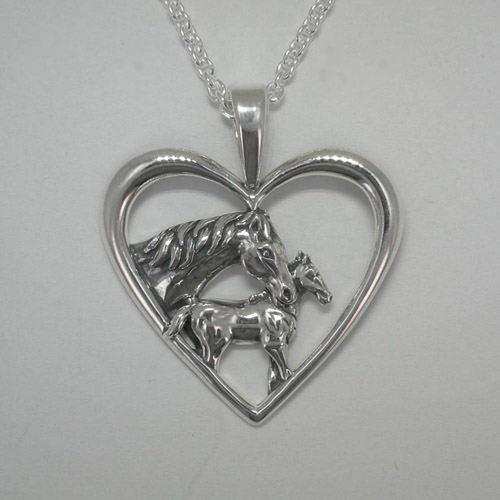 Sterling Silver mare and foal inside heart necklace