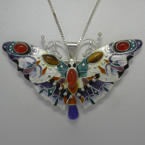 Sterling Silver enamel and gemstone butterfly pin/pendant
