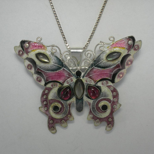 Sterling Silver enamel and Garnet butterfly pin/pendant